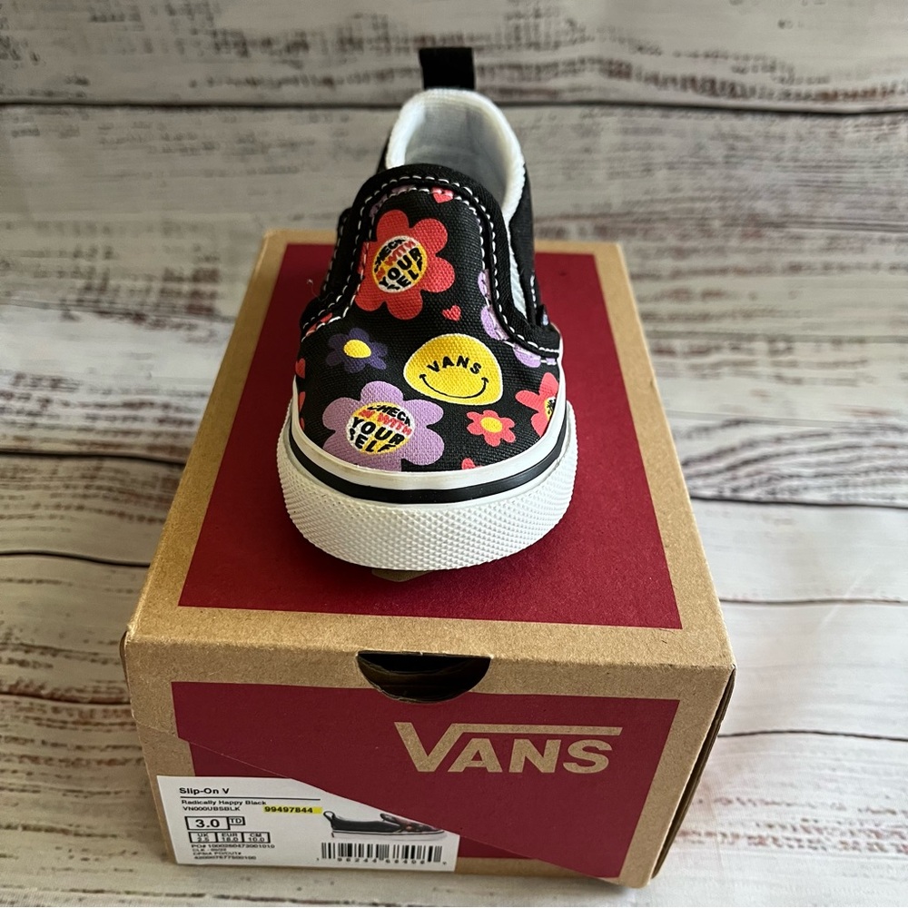 Toddler Vans Radically Happy Black Floral Smily Face Slip-On V Shoes Toddler 4 *
